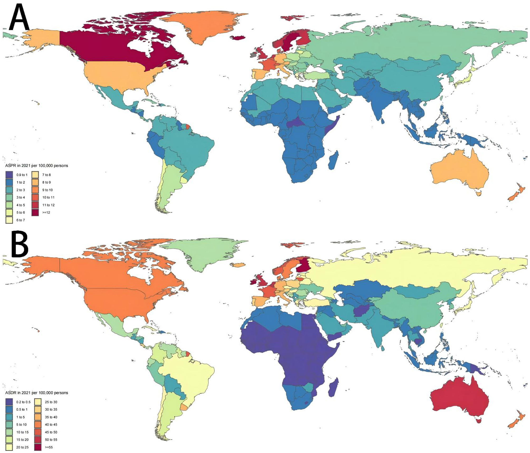 Two world maps labeled A and B show age-standardized rates in 2021 per 100,000 persons. Map A depicts ASPR with a gradient from light yellow to dark red, indicating values from 0 to over 12. Map B illustrates ASDR, with colors ranging from light yellow to dark red, signifying values from 0 to over 55. Regions vary in color, reflecting different rates.