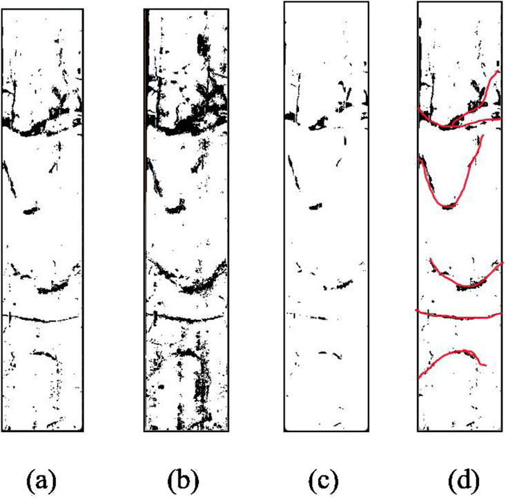 Four panels labeled (a) to (d) show images of a material surface. Panels (a), (b), and (c) display black markings indicating cracks or texture details. Panel (d) highlights these features with red lines, emphasizing their patterns.