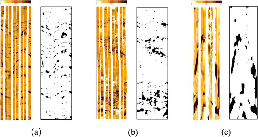 Three panels labeled (a), (b), and (c) display geological images. Each panel contains a colored image with vertical striping and a corresponding black-and-white version highlighting specific features. The color bars above each panel range from light to dark, indicating varying data values.