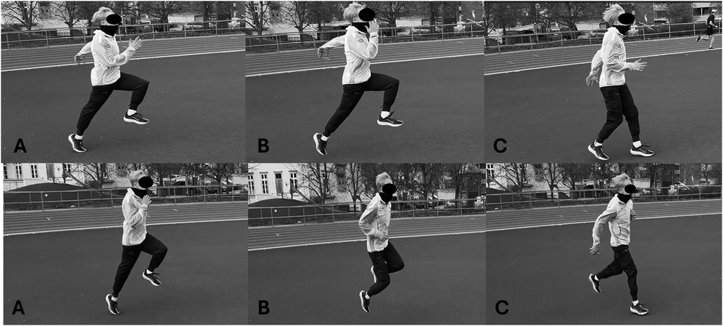 A series of six black and white images shows a person running on a track, labeled A, B, and C. Each image captures different phases of the running motion. Faces are obscured for privacy.
