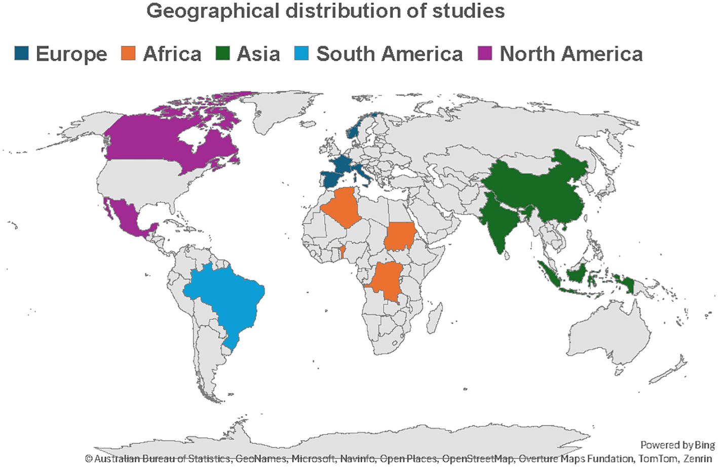 Map showing the geographical distribution of studies, with regions colored: Europe in blue, Africa in orange, Asia in green, South America in teal, and North America in purple.