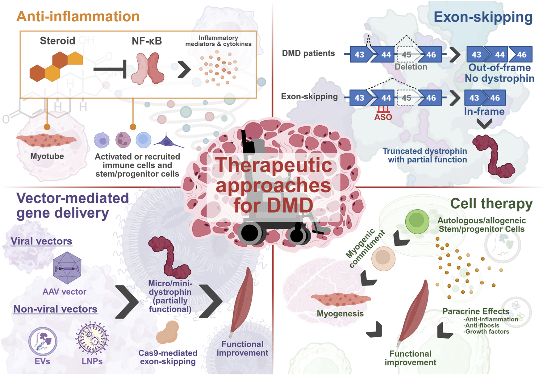 Therapeutic approaches for Duchenne Muscular Dystrophy (DMD) include anti-inflammation, exon-skipping, vector-mediated gene delivery, and cell therapy. Anti-inflammatory treatment targets NF-κB to reduce cytokines. Exon-skipping uses antisense oligonucleotides to restore in-frame dystrophin expression. Gene delivery involves viral and non-viral vectors, delivering micro-dystrophin or inducing exon-skipping via CRISPR/Cas9. Cell therapy utilizes stem/progenitor cells to promote myogenesis and release paracrine factors for functional muscle improvement.