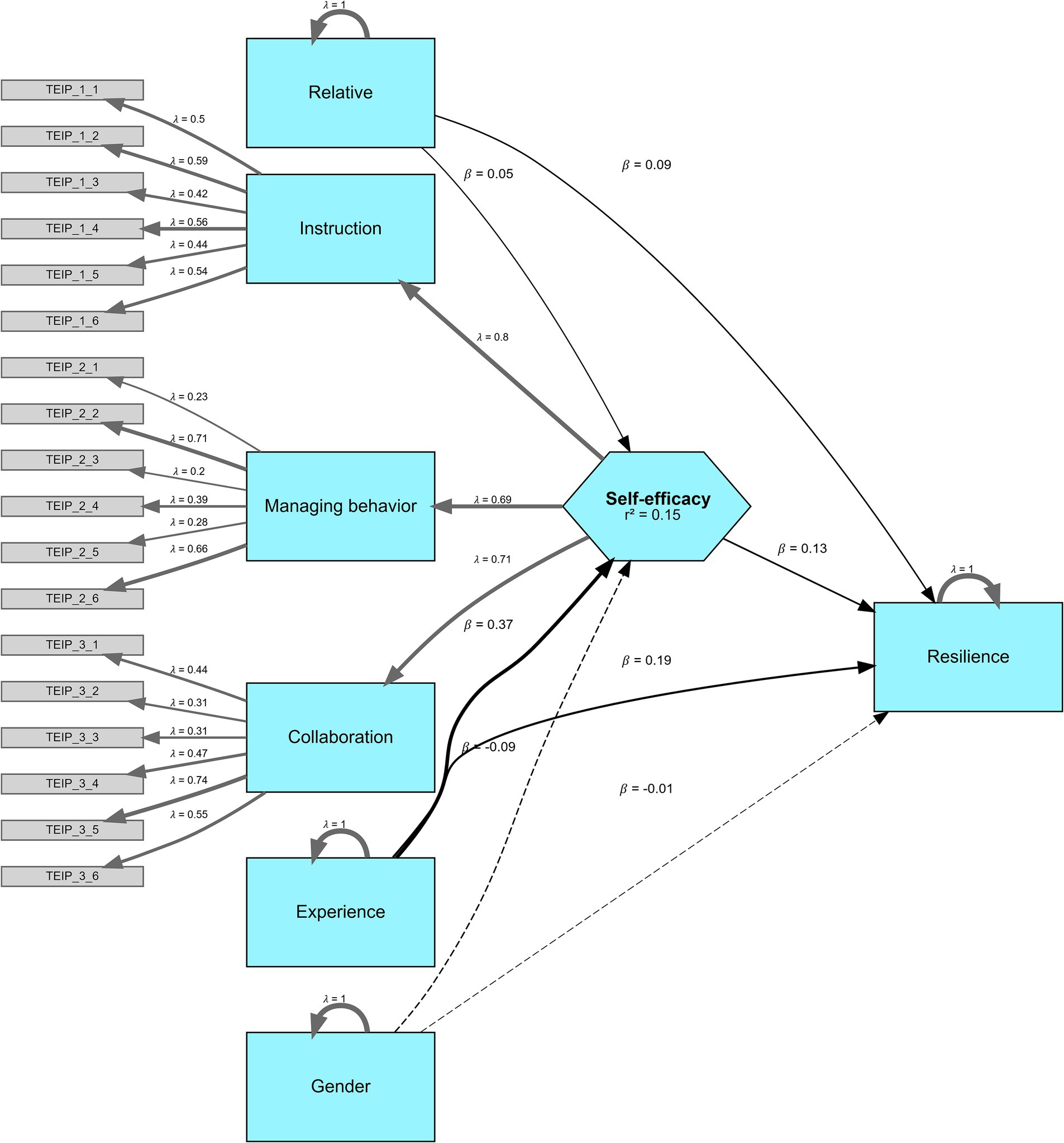 Structural equation model diagram showing relationships among variables: