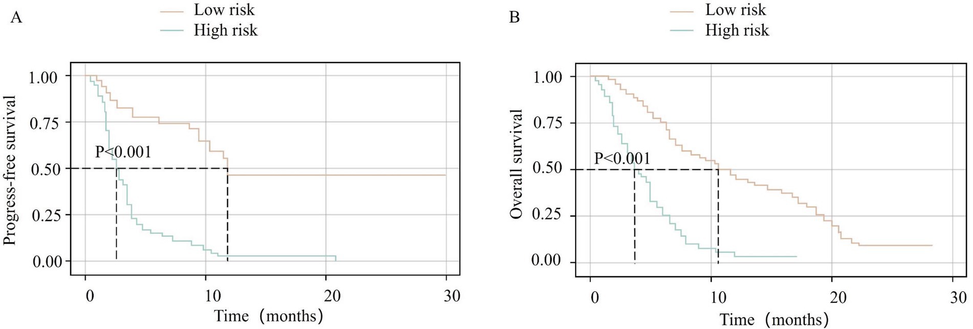 Two graphs compare survival rates over time between low and high-risk groups. Graph A shows progress-free survival, and Graph B shows overall survival. Both graphs indicate significant differences with P-values less than 0.001. Low-risk groups have higher survival rates than high-risk groups. Time is measured in months, ranging from zero to thirty.