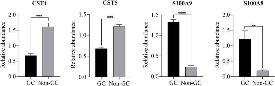 Bar graphs compare the relative abundance of CST4, CST5, S100A9, and S100A8 between GC and Non-GC groups. CST4 and CST5 show higher abundance in Non-GC. S100A9 is higher in GC, while S100A8 is significantly higher in GC. Significance is indicated by asterisks.