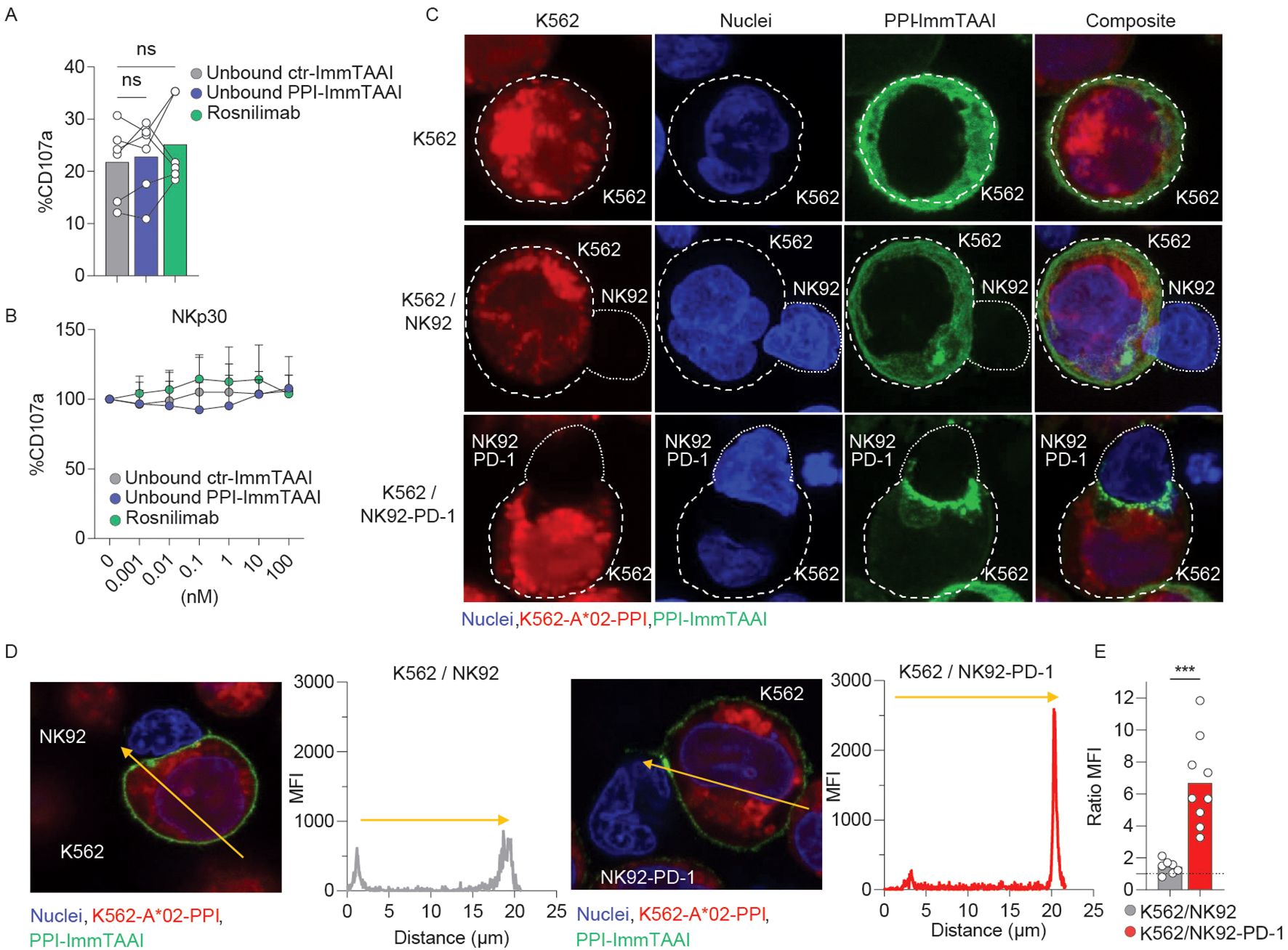 The image includes a set of panels showing immunological data and visual microscopy results. Panel A is a bar graph displaying %CD107a expression levels across three conditions: Unbound ctr-ImmTAAI, Unbound PPI-ImmTAAI, and Rosnilimab, indicating no significant differences (ns). Panel B is a line graph showing % CD107a in response to varying concentrations (0.001 to 100 nM) of NKp30 under similar conditions. Panel C presents fluorescent microscopy images of K562, K562/NK92, and K562/NK92 PD-1 cells stained with markers for nuclei, K562, and PPI-ImmTAAI, alongside composite images. Panel D features microscopy images of K562/NK92 and K562/NK92-PD-1 cells with overlays of marker intensity, and related line graphs showing mean fluorescence intensity (MFI) across cellular distances. Panel E is a bar graph comparing the MFI ratio of K562/NK92 and K562/NK92-PD-1, with asterisks indicating statistical significance.