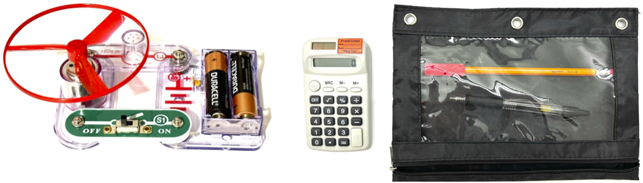 A kit featuring a simple circuit with a switch, AA batteries, and a red propeller, a basic calculator with a labeled contact sticker, and a black pencil case with transparent front holding a pencil, pen, and a cord.
