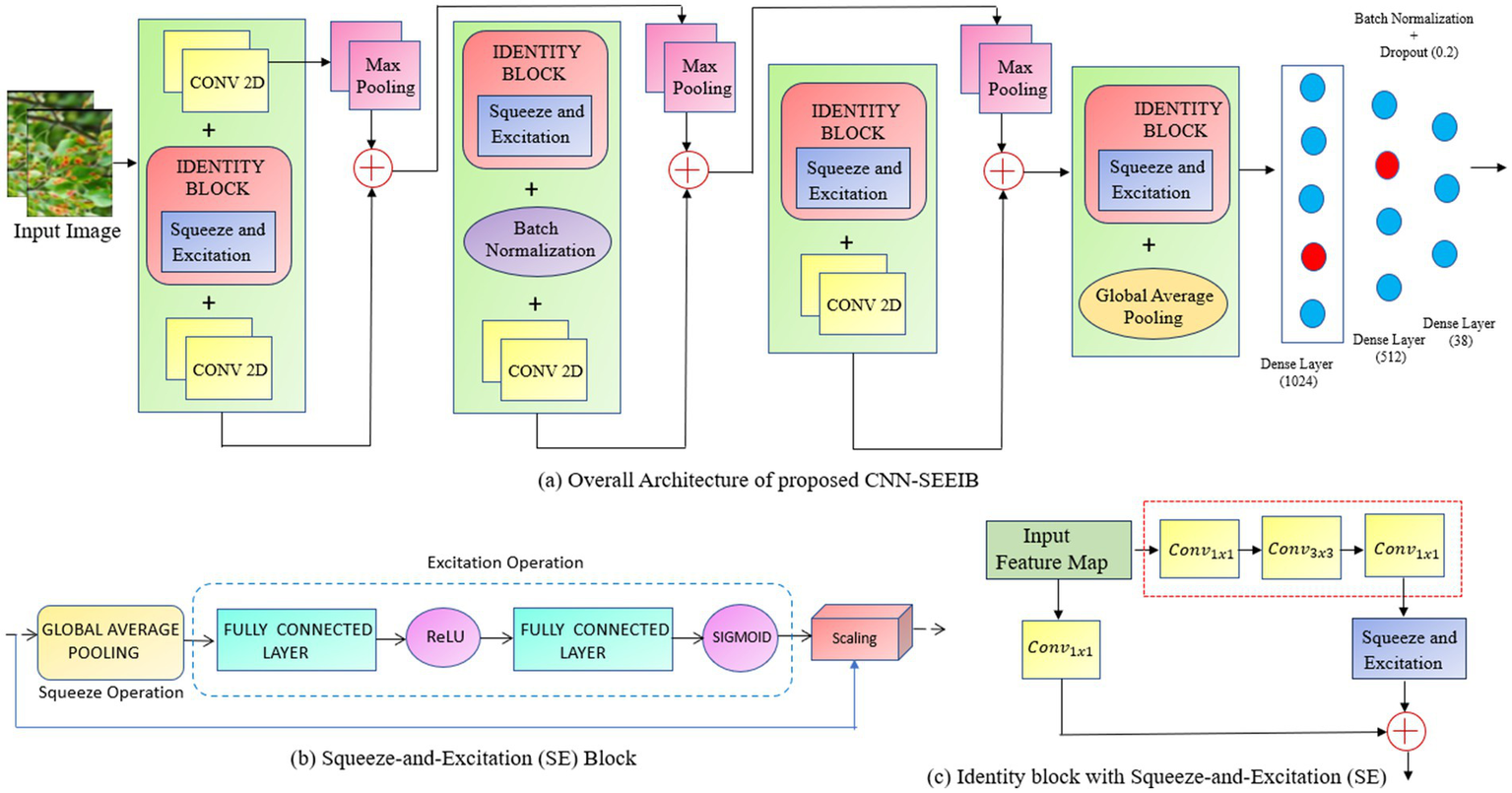 Diagram illustrating the architecture of a proposed CNN-SEEI network. Part (a) shows the flow from an input image through various layers such as convolution, identity blocks with squeeze and excitation, and dense layers. Part (b) details the squeeze-and-excitation block, highlighting global average pooling, fully connected layers, ReLU activation, and sigmoid functions. Part (c) depicts the identity block with a sequence of convolution layers and squeeze-and-excitation operation.