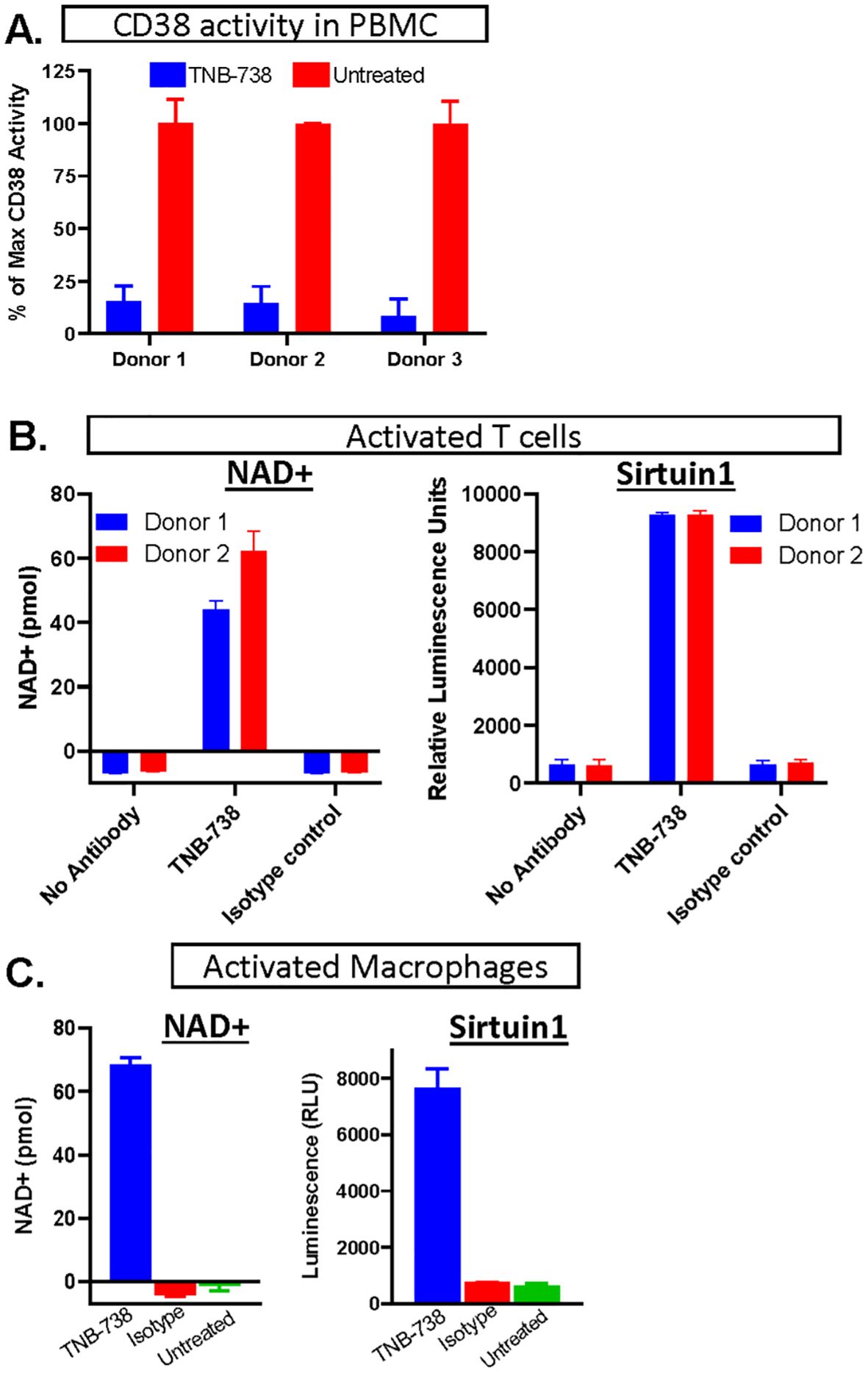 Grouped bar charts showing experimental results. A: CD38 activity in PBMC from donors; untreated samples have higher activity than those with TNB-738. B: Activated T cells show NAD+ levels and Sirtuin1 luminescence; higher NAD+ in donor two for isotype control, and high luminescence for TNB-738 in both donors. C: Activated macrophages demonstrate highest NAD+ and Sirtuin1 luminescence in TNB-738-treated samples compared to isotype and untreated.