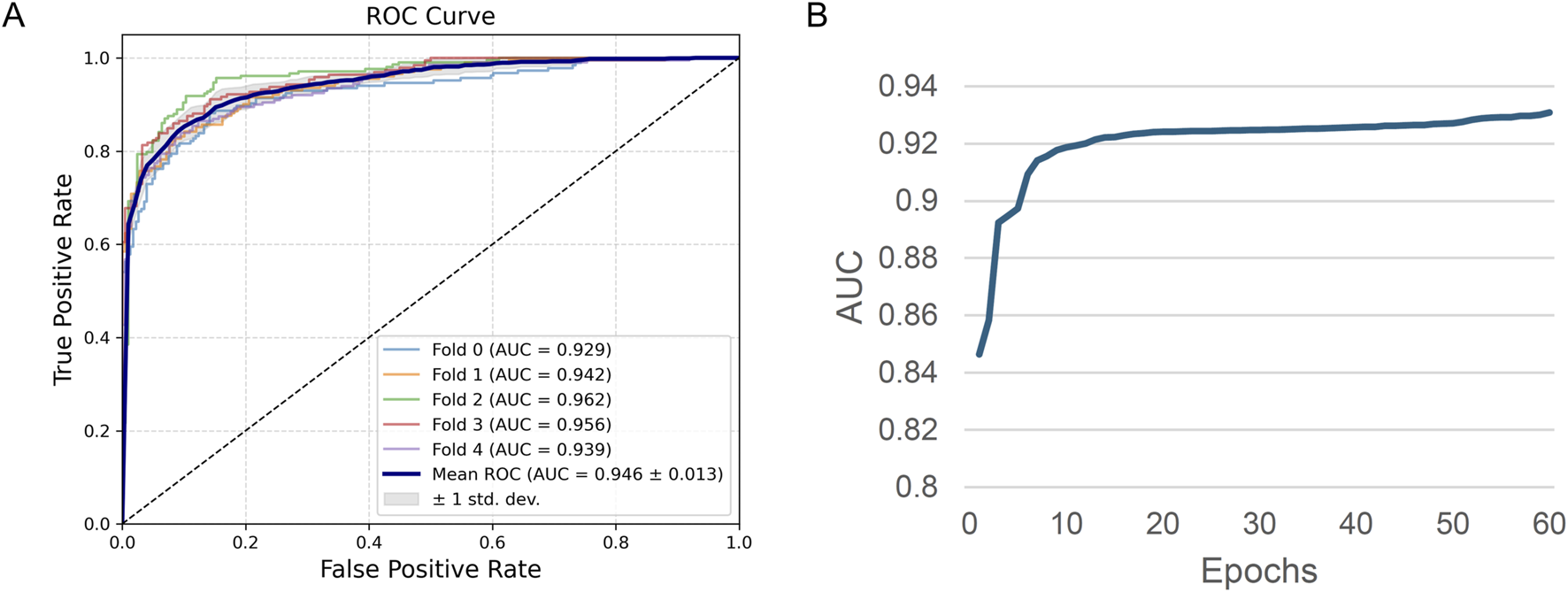 Chart A shows an ROC curve with a mean AUC of 0.946 across five folds, with individual AUCs ranging from 0.929 to 0.962. Chart B plots AUC over epochs, showing an increase from 0.84 to 0.92.