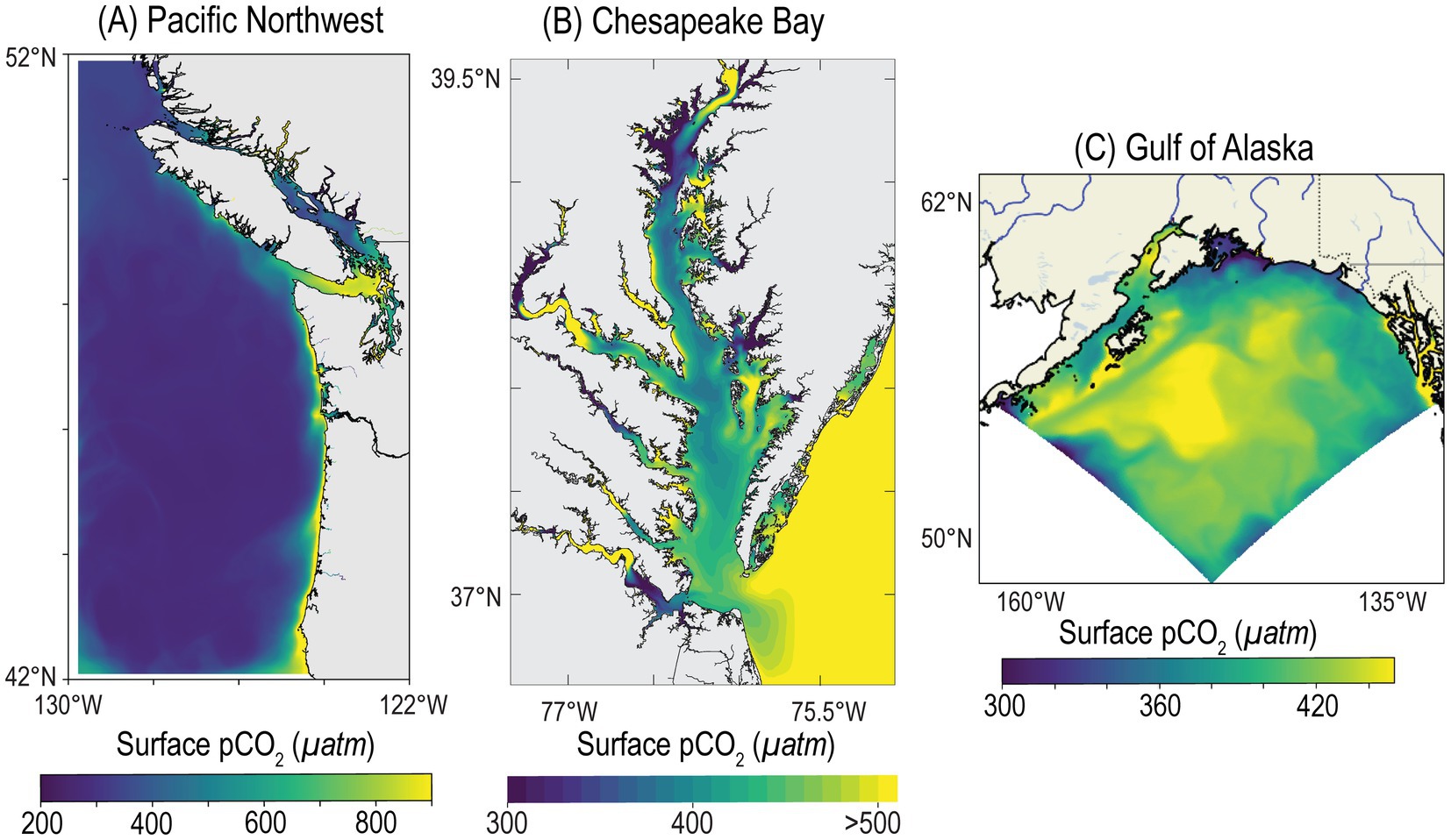 Three maps depict surface pCO₂ levels in different regions with color gradients indicating concentrations. (A) Pacific Northwest ranges from 200 to over 500 µatm. (B) Chesapeake Bay shows levels from 300 to over 500 µatm. (C) Gulf of Alaska displays values from 300 to 420 µatm. Each map uses similar color scales for comparative analysis.