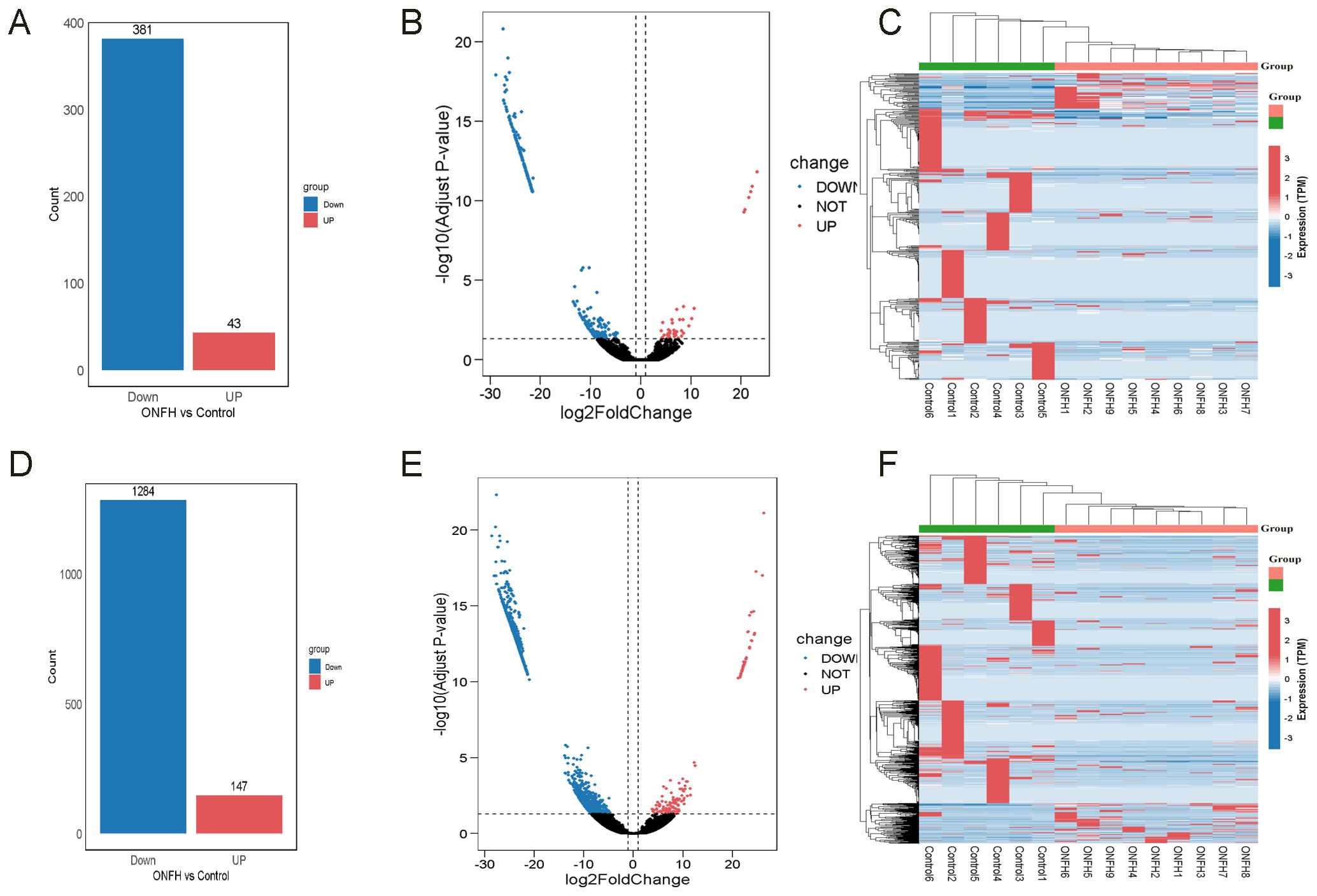 The image contains six panels labeled A to F. Panel A is a bar chart showing the count of genes downregulated and upregulated in ONFH versus control, with 381 downregulated and 43 upregulated. Panel B is a volcano plot displaying gene expression changes where most genes are significantly downregulated or not significantly changed. Panel C is a heatmap showing gene expression profiles of ONFH and control groups. Panel D is similar to A but with different counts: 1284 downregulated and 147 upregulated. Panel E resembles B, with similar trends in gene expression. Panel F is a heatmap like C with grouped data.