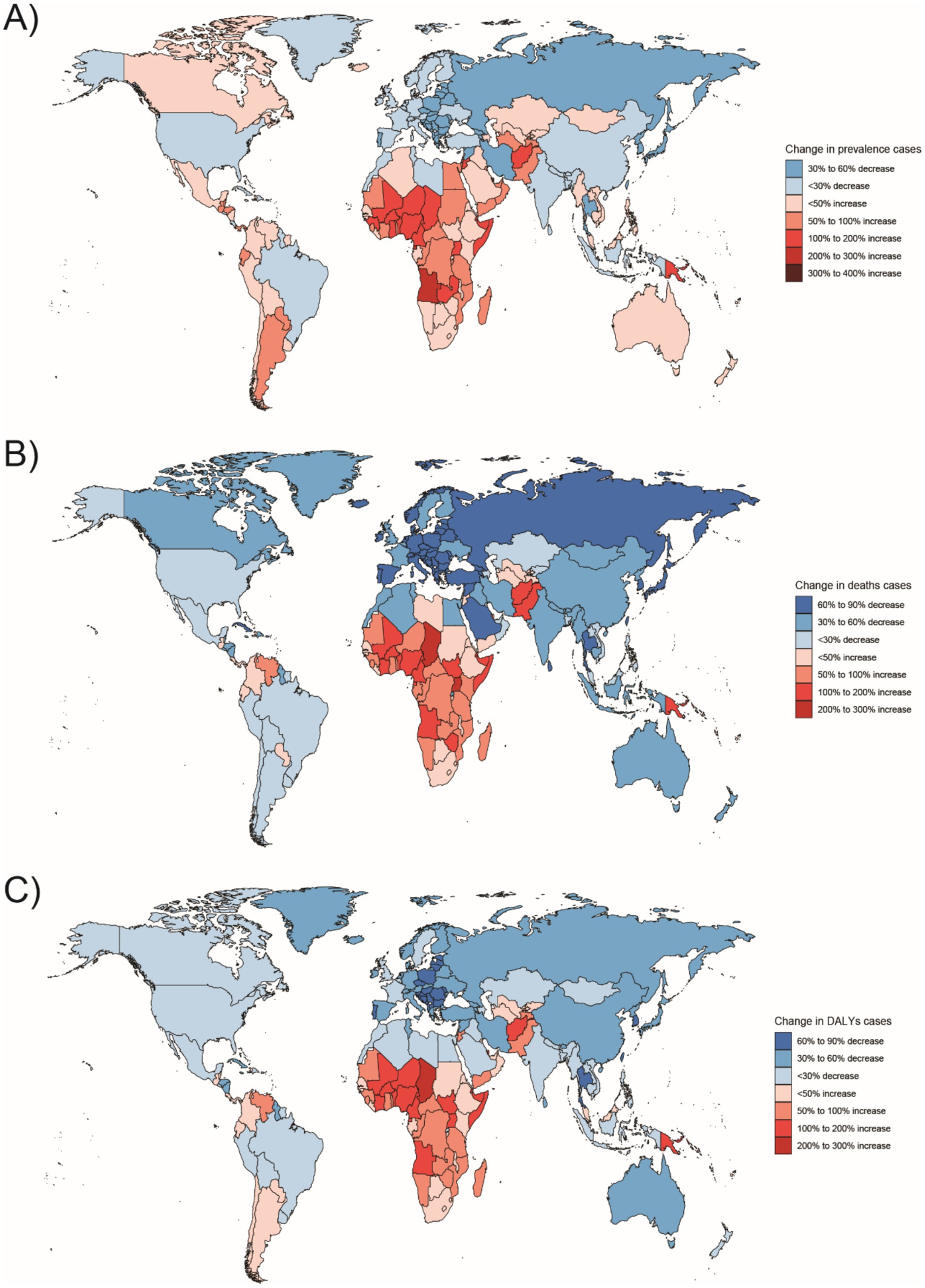 Three world maps displaying changes in health metrics. Map A shows changes in prevalence cases, with color gradients indicating percentage increase or decrease. Map B depicts changes in death cases, highlighting areas with significant fluctuations. Map C illustrates changes in disability-adjusted life years (DALYs) cases. Each map uses a color scale from blue (decrease) to red (increase) to convey data variations across different regions.