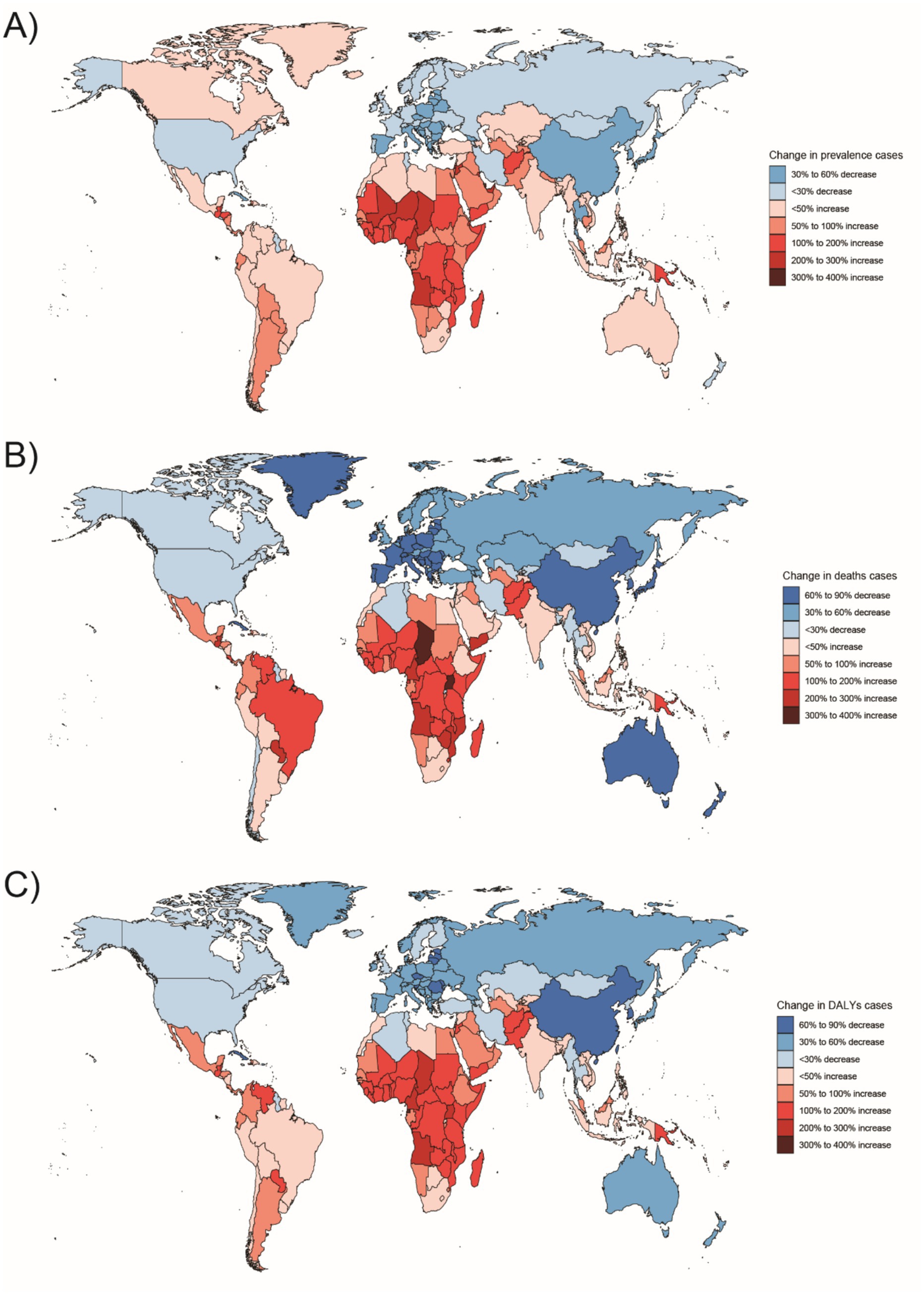 Three world maps illustrate changes in health metrics. Map A shows changes in prevalence cases with color coding: light blue indicates decreases, while shades of red represent varying levels of increase. Map B details changes in death cases using similar color gradients. Map C displays changes in Disability-Adjusted Life Years (DALYs), again utilizing blue for decreases and red for increases. Each map uses a gradient scale for clear differentiation of data changes across different regions.