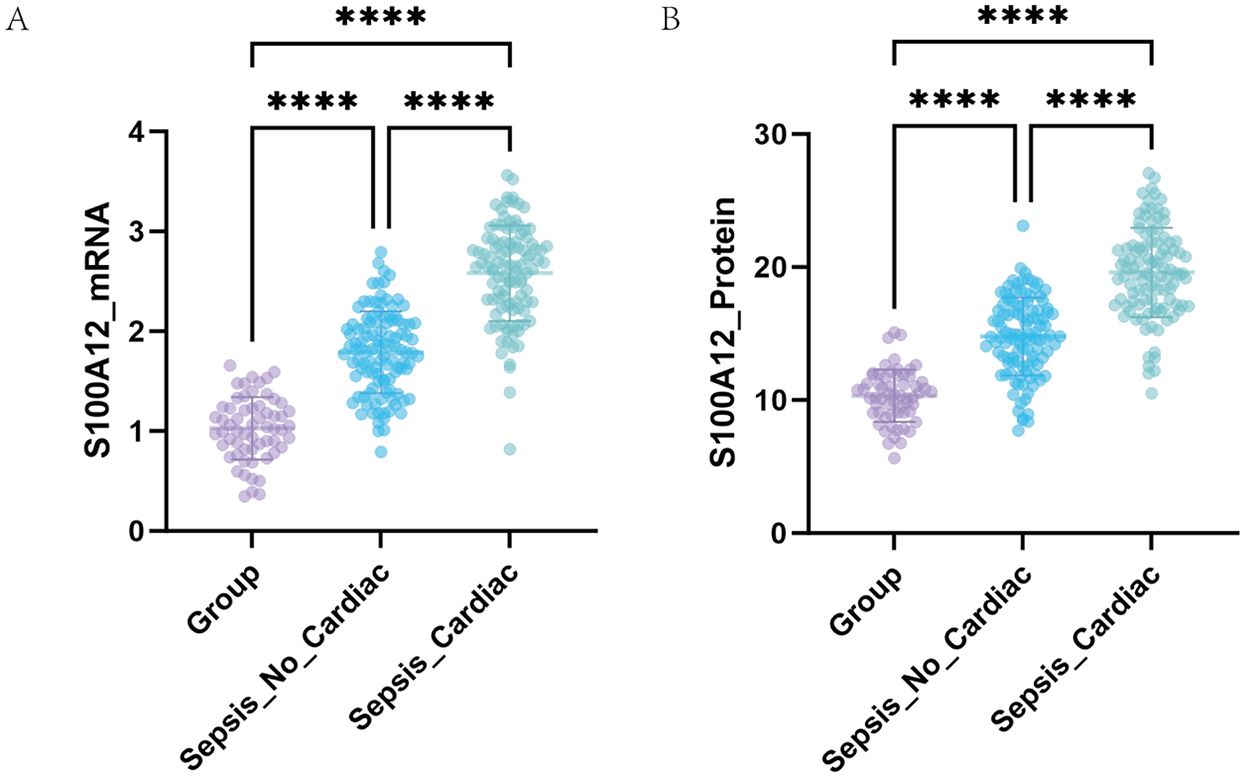 Two scatter plots compare S100A12 levels in two groups: Sepsis_No_Cardiac and Sepsis_Cardiac. Plot A shows S100A12_mRNA levels, while Plot B shows S100A12_Protein levels. Both plots indicate a significant increase in the Sepsis_Cardiac group compared to the Sepsis_No_Cardiac group, as denoted by asterisks indicating significance (p < 0.0001).