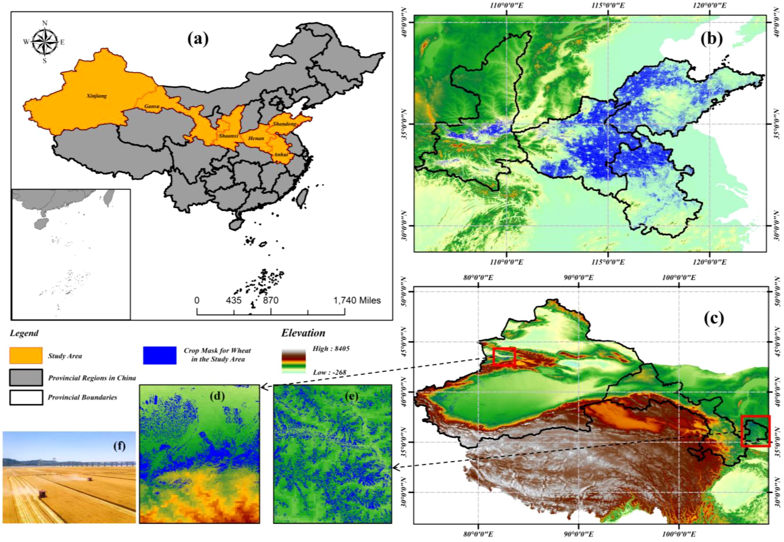 Composite image showing maps and a photo related to a study area in China. (a) A map highlights the study area in yellow, showing selected provinces. (b) Elevation map with wheat crop mask in blue. (c) Detailed elevation map of Xinjiang with red elevation highlights. (d) and (e) Zoomed sections of elevation maps with color-coded elevation data. (f) Photo of farmland with two harvesters in action. The legend explains map colors, marking study areas, crop masks, provincial regions, and elevations.