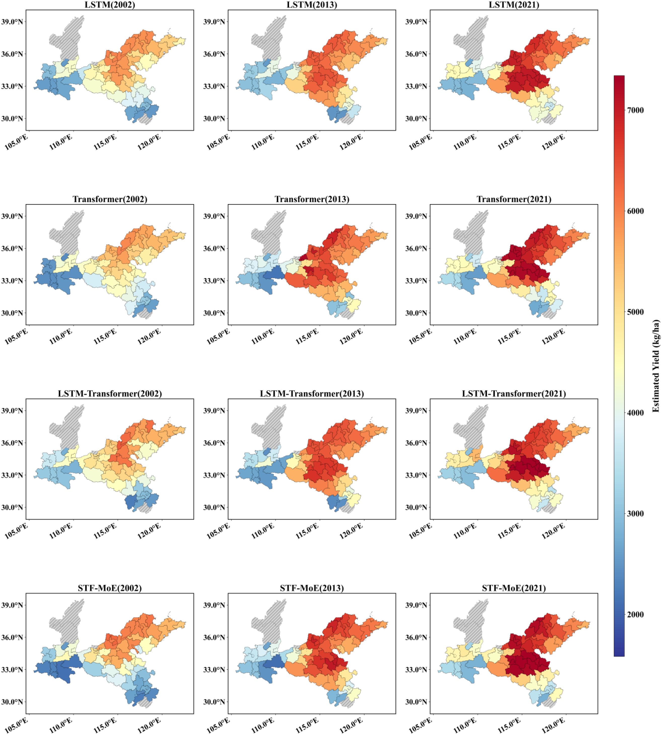 Nine maps compare estimated agricultural yields in kilograms per hectare for the years 2002, 2013, and 2021 using different models: LSTM, Transformer, LSTM-Transformer, and STF-MoE. Each map is color-coded from blue (low yield) to red (high yield), with a scale bar displaying values from 2000 to 7000.