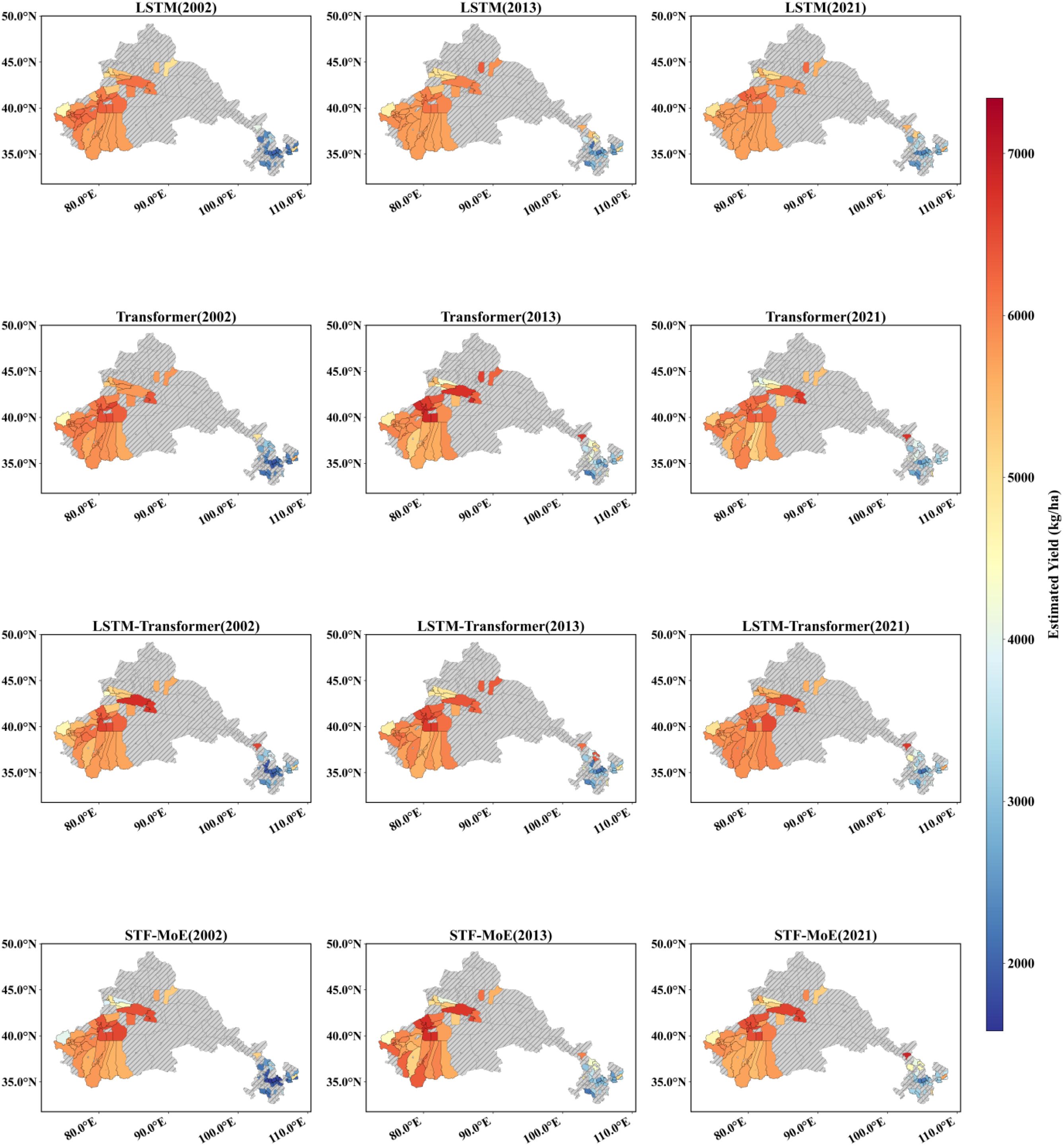 Nine maps show estimated yield variations in a region for 2002, 2013, and 2021 using LSTM, Transformer, LSTM-Transformer, and STF-MoE models. Each map uses a color gradient from blue to red, indicating yield values from low to high, with geographical coordinates provided.