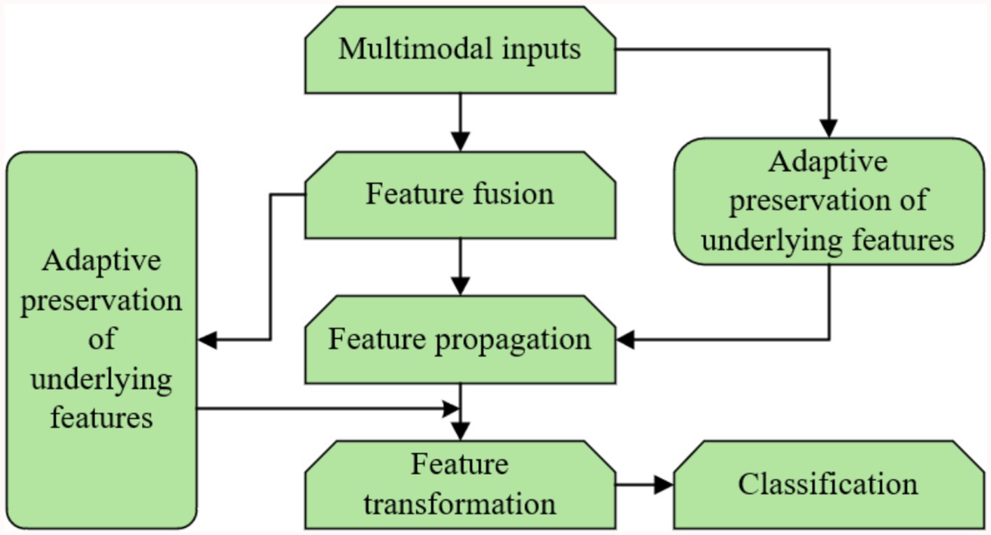 Flowchart illustrating a process with six stages: multimodal inputs, feature fusion, feature propagation, feature transformation, adaptive preservation of underlying features, and classification. Arrows indicate the direction of process flow and feedback loops.