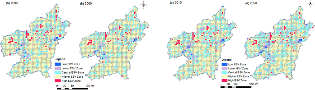 Maps displaying ESV zones from 1990 to 2020 in a region, divided into five categories: low, lower, central, higher, and high. Over time, zones transition mainly from yellow (central) to more red (high) areas, indicating increased environmental sensitivity. A legend is provided for reference.