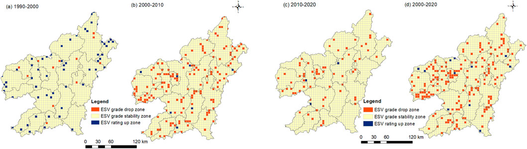 Maps of different time periods (1990-2000, 2000-2010, 2010-2020, 2000-2020) showing ESV zones in a region. Red indicates ESV grade drop zones, yellow indicates stability zones, and blue indicates rating up zones. Each map includes a grid pattern and legend for reference.
