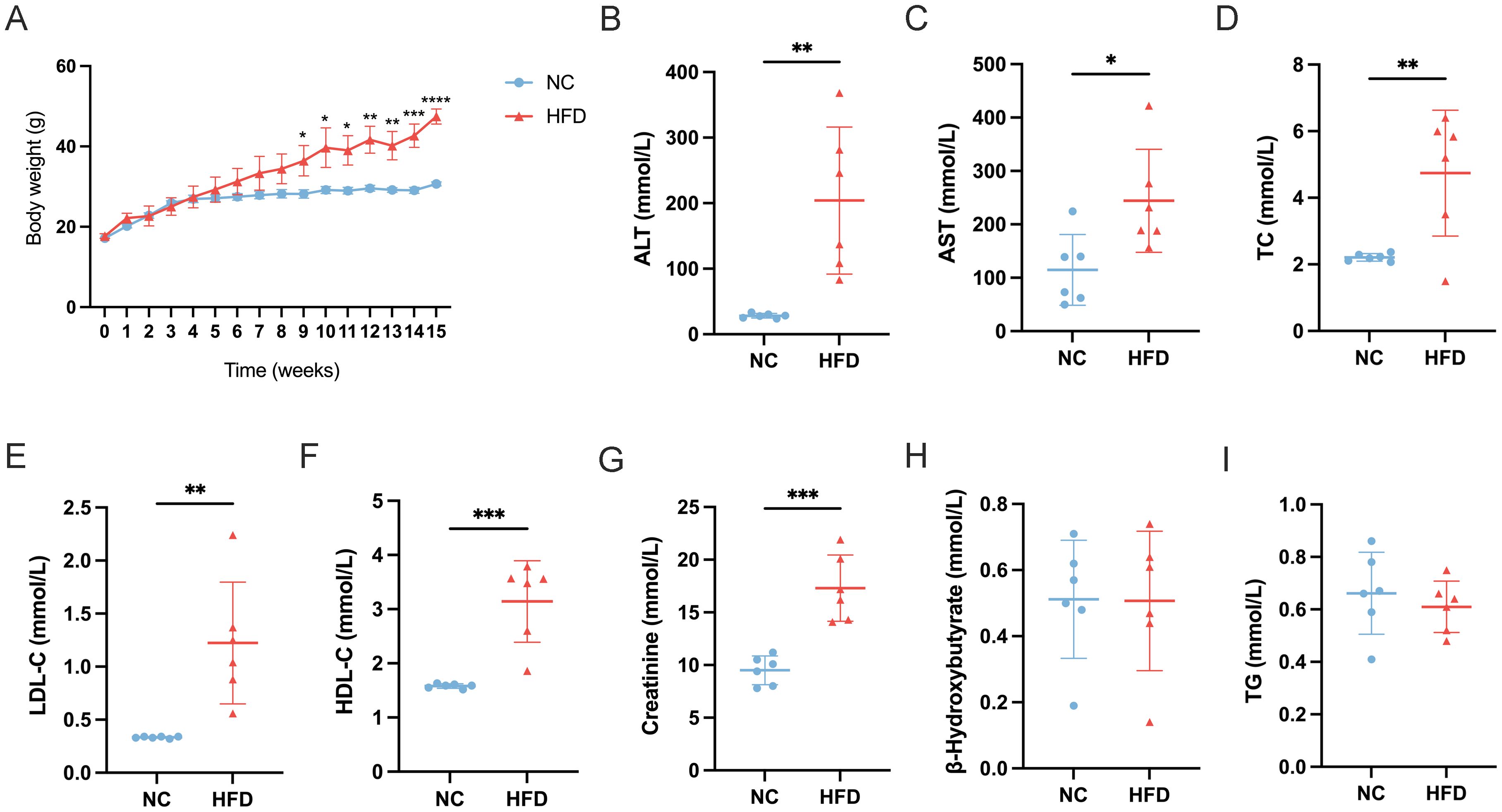 Nine-panel chart analyzing the effects of normal chow (NC) and high-fat diet (HFD) on mice. A: Line graph showing body weight increase over 15 weeks, higher in HFD. B-G: Scatter plots showing higher ALT, AST, TC, LDL-C, HDL-C, and creatinine levels in HFD than NC. H: β-hydroxybutyrate (B-HB) showed no significant difference. I: TG levels also showed no significant difference, reflecting complex lipid metabolism. Statistical significance is indicated with stars.