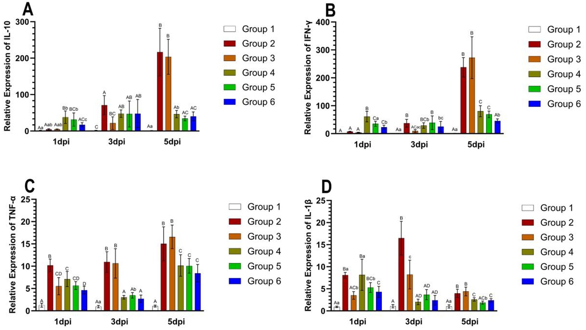 Bar charts illustrate the relative expression of IL-10, IFN-γ, TNF-α, and IL-1β across six groups over three time points (1, 3, and 5 days post-infection). A key identifies the groups: Group 1 (white), Group 2 (red), Group 3 (orange), Group 4 (olive), Group 5 (green), Group 6 (blue). Expression levels differ across groups and time points.