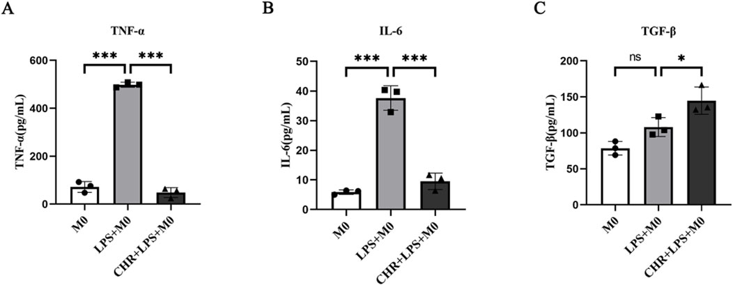 Bar graphs A, B, and C show levels of TNF-alpha, IL-6, and TGF-beta, respectively. LPS+M0 group shows significant increase in TNF-alpha and IL-6 (p < 0.001), compared to other groups. TGF-beta shows no significant change between M0 and LPS+M0, but a significant increase in CHR+LPS+M0 (p < 0.05).