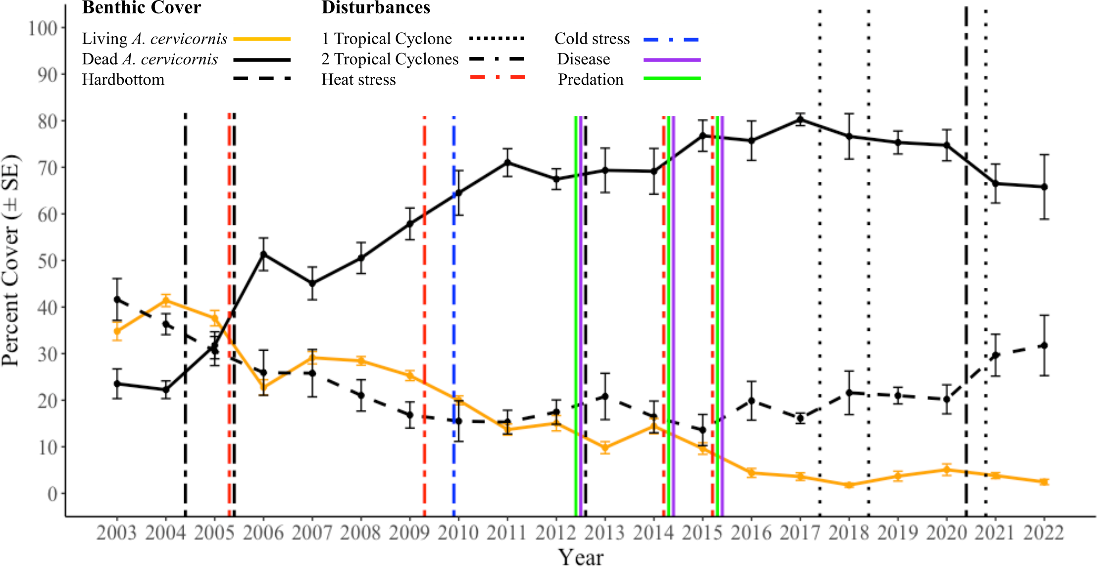 Line graph showing changes in benthic cover for living and dead Acropora cervicornis, and hardbottom from 2003 to 2022. Living A. cervicornis (orange) decreases over time, while dead A. cervicornis (black) increases. Hardbottom (dashed black) remains relatively stable. Various disturbances are indicated by vertical lines: tropical cyclones (dotted and dashed), heat stress (red), cold stress (blue), disease (purple), and predation (green). Data points include error bars representing standard error.