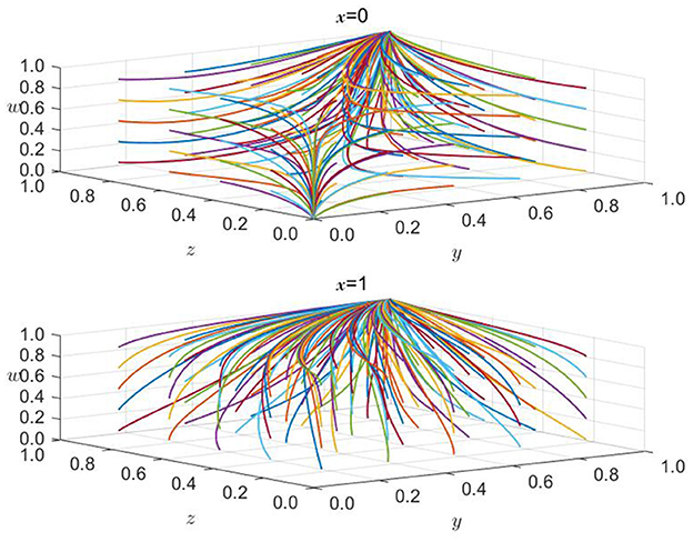 Two 3D plots show colorful, curved lines over a grid. The top plot, labeled x = 0, has lines converging at a central point; the bottom plot, labeled x = 1, shows lines diverging. Axes are marked as z, y, and ω ranging from 0 to 1.