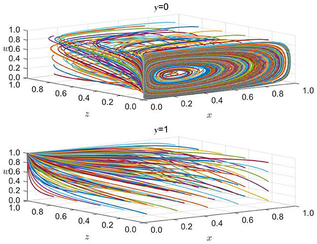Two 3D plots showcasing streamlines for fluid flow. The top plot, labeled γ=0, displays swirling patterns with densely packed, colorful lines forming loops. The bottom plot, labeled γ=1, shows similar lines stretching horizontally, indicating flow direction changes. Both plots have axes labeled x, y, and z, ranging from 0 to 1.