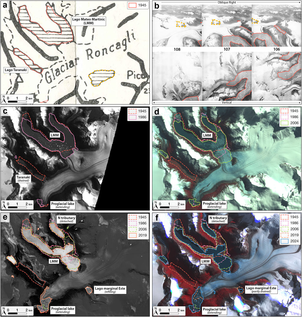 Series of six images showing changes in Glaciar Roncagli and surrounding lakes from 1945 to 2024. a) Historical map from 1945 with Glaciar Roncagli and two lakes outlined in red and yellow.b) Sequence of aerial photographs showing glacial changes with annotations.c) 1986 image showing drained Lago Taranaki and glacial features.d) Multi-color overlay of 1945, 1986, and 2006, showing glacial retreat.e) 2019 map showing detached tributary and refilling lakes.f) 2024 with outlines from previous years showing ongoing changes. Each image grid includes labeled lakes, glacial features, and timelines.