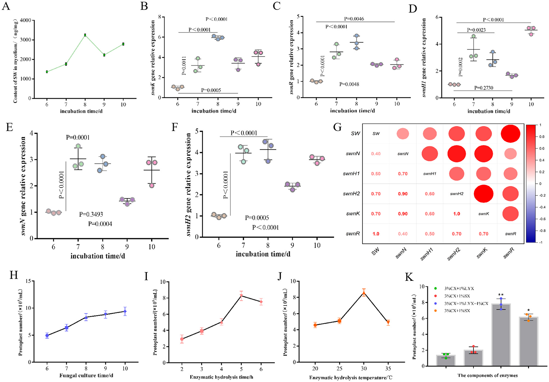 Graphs showing various biological data analyses. - Graph A: Line chart displaying SW content in the medium over different incubation days. - Graphs –F: Scatter plots illustrating relative gene expression of different genes (swnN, swnH1, swnH2, swnK, swnR) with statistical significance (P-values) over incubation days. - Graph G: Heatmap with correlation coefficients for several genes. - Graphs H-J: Line charts showing propagule numbers over incubation days. - Graph K: Bar chart comparing propagule numbers for different test conditions with statistical significance markers. Each graph represents changes over specified time intervals.