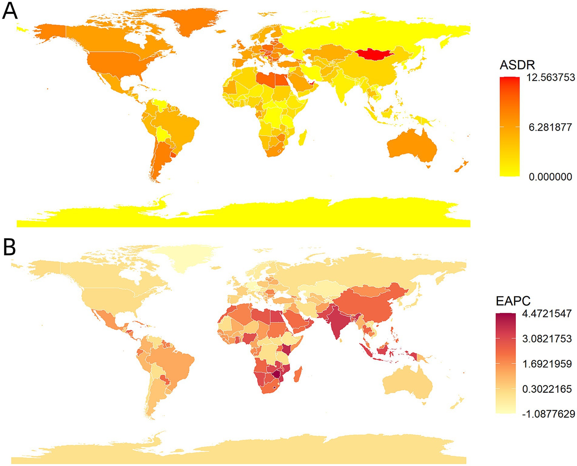 Map A shows global ASDR (Age Standardized Death Rate) values with a color gradient from yellow to red, where darker colors indicate higher values. Map B depicts EAPC (Estimated Annual Percentage Change) with a similar color gradient, indicating changes over time.