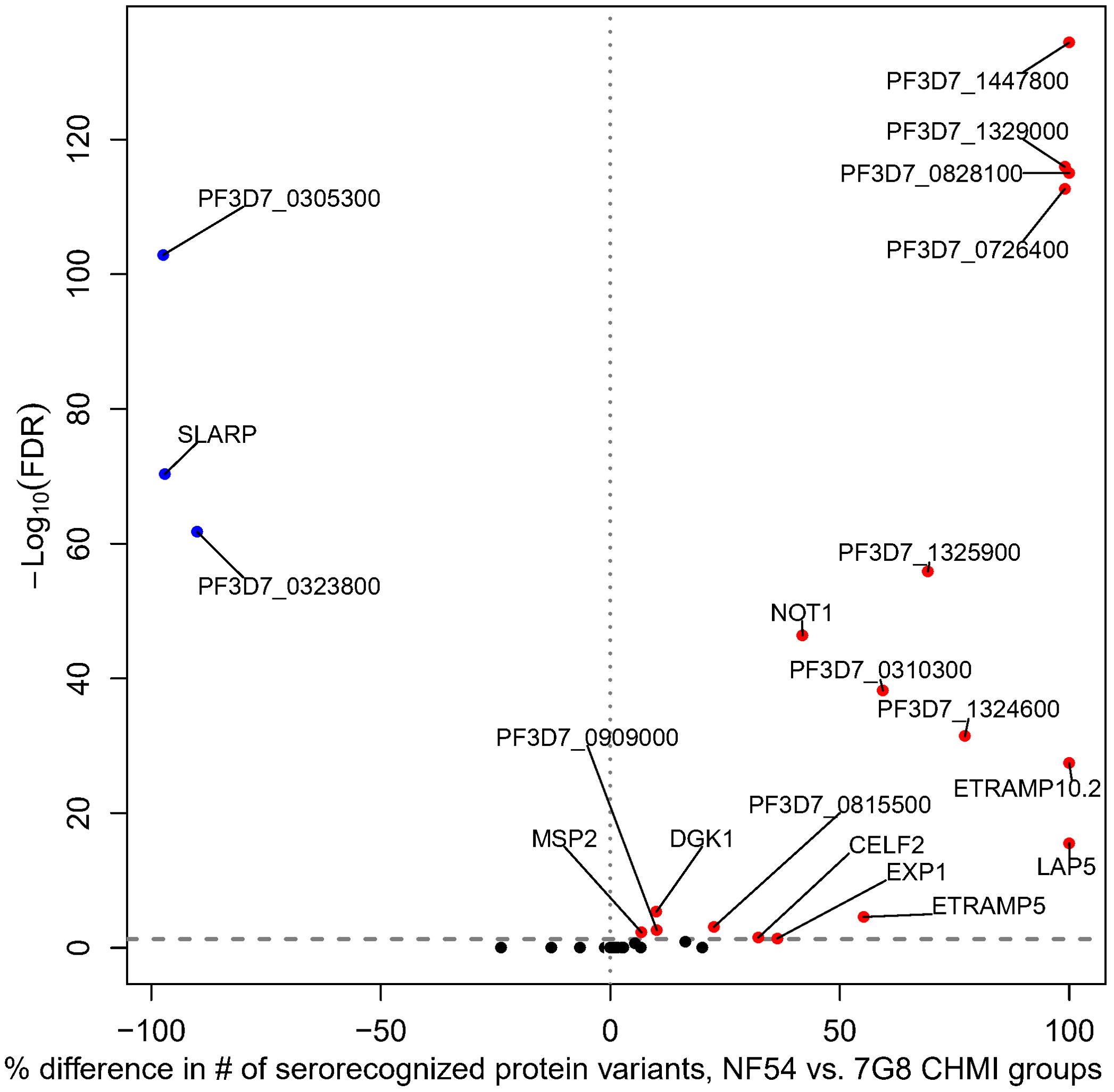 Volcano plot depicting the differential serorecognition of protein variants between NF54 and 7G8 CHMI groups. The x-axis shows the percentage difference in the number of serorecognized protein variants, and the y-axis represents the negative logarithm (base ten) of FDR. Data points are color-coded: blue for downregulated and red for upregulated proteins, with annotated labels such as PF3D7_0305300, SLARP, and PF3D7_1447800. A vertical dotted line indicates no difference, and a horizontal dashed line represents the significance threshold.