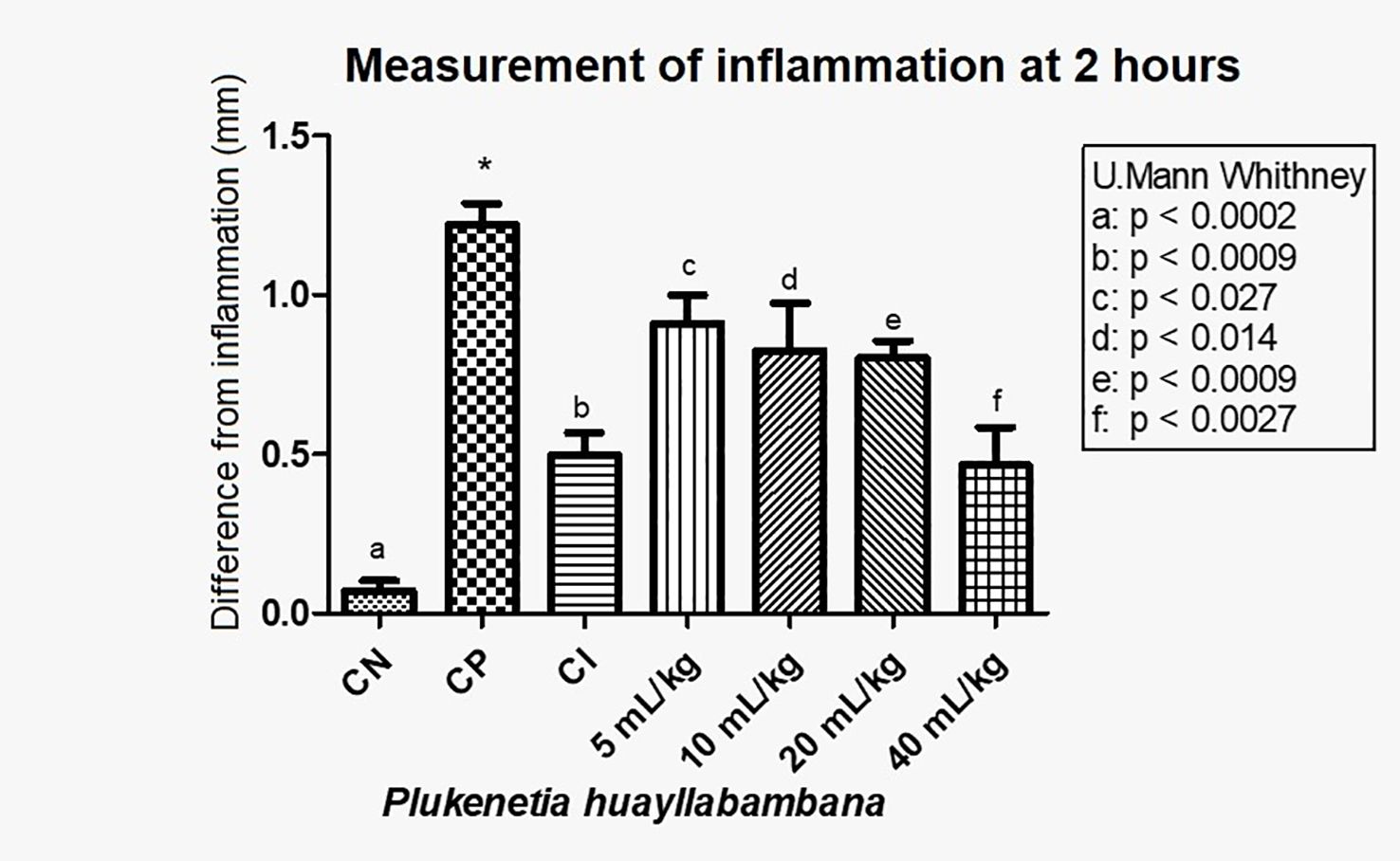 Bar chart titled “Measurement of inflammation at 2 hours” shows the effect of Plukenetia huayllabambana. Six bars represent CN, CP, CI, and doses of 5, 10, 20, and 40 mL/kg. CP shows the highest inflammation, while CN shows the least. Statistical significance values are provided, indicating various p-values for each group.