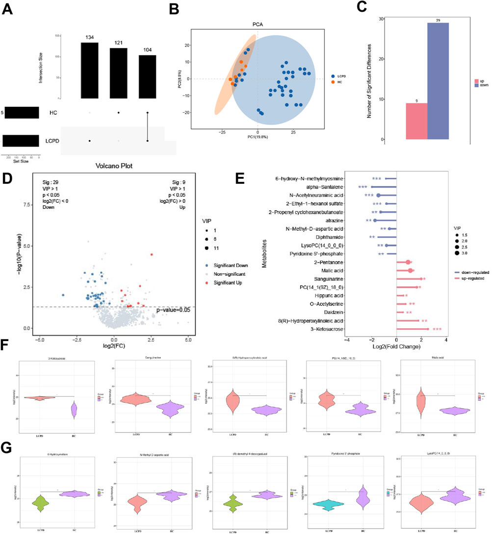 A composite image showing multiple data visualizations: A) Bar chart comparing set sizes between HC and LCPD; B) PCA plot with two clusters; C) Bar chart depicting significant differences as upregulated or downregulated; D) Volcano plot highlighting significant metabolites; E) Dot plot with metabolites, their significance, and regulation status; F and G) Violin plots showing the distribution of various metabolites between LCPD and HC groups.