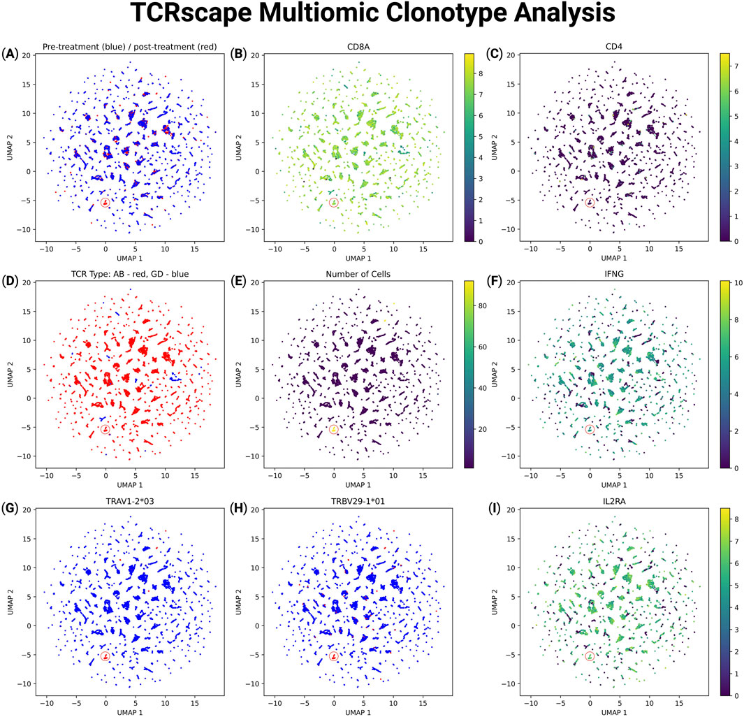 Panels A to I depict UMAP plots for TCRscape Multiomic Clonotype Analysis. Each plot visualizes different parameters: (A) Pre-treatment in blue, post-treatment in red; (B) CD8A; (C) CD4; (D) TCR Type with AB in red, GD in blue; (E) Number of Cells; (F) IFNG; (G) TRAV1-2-03; (H) TRBV29-1-01; (I) IL2RA. Each plot includes a color gradient for data density or expression levels.