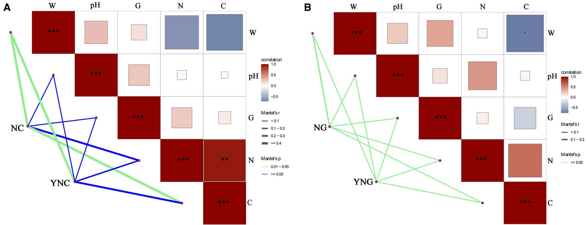 Correlation matrices show relationships between variables: water (W), pH, growth (G), nitrogen (N), and carbon (C). Colors indicate correlation strength, with red for positive and blue for negative. Asterisks denote significance levels. Green and blue lines represent Mantel’s r and p values, respectively. Panel A focuses on NC and YNC, while Panel B highlights NG and YNG.