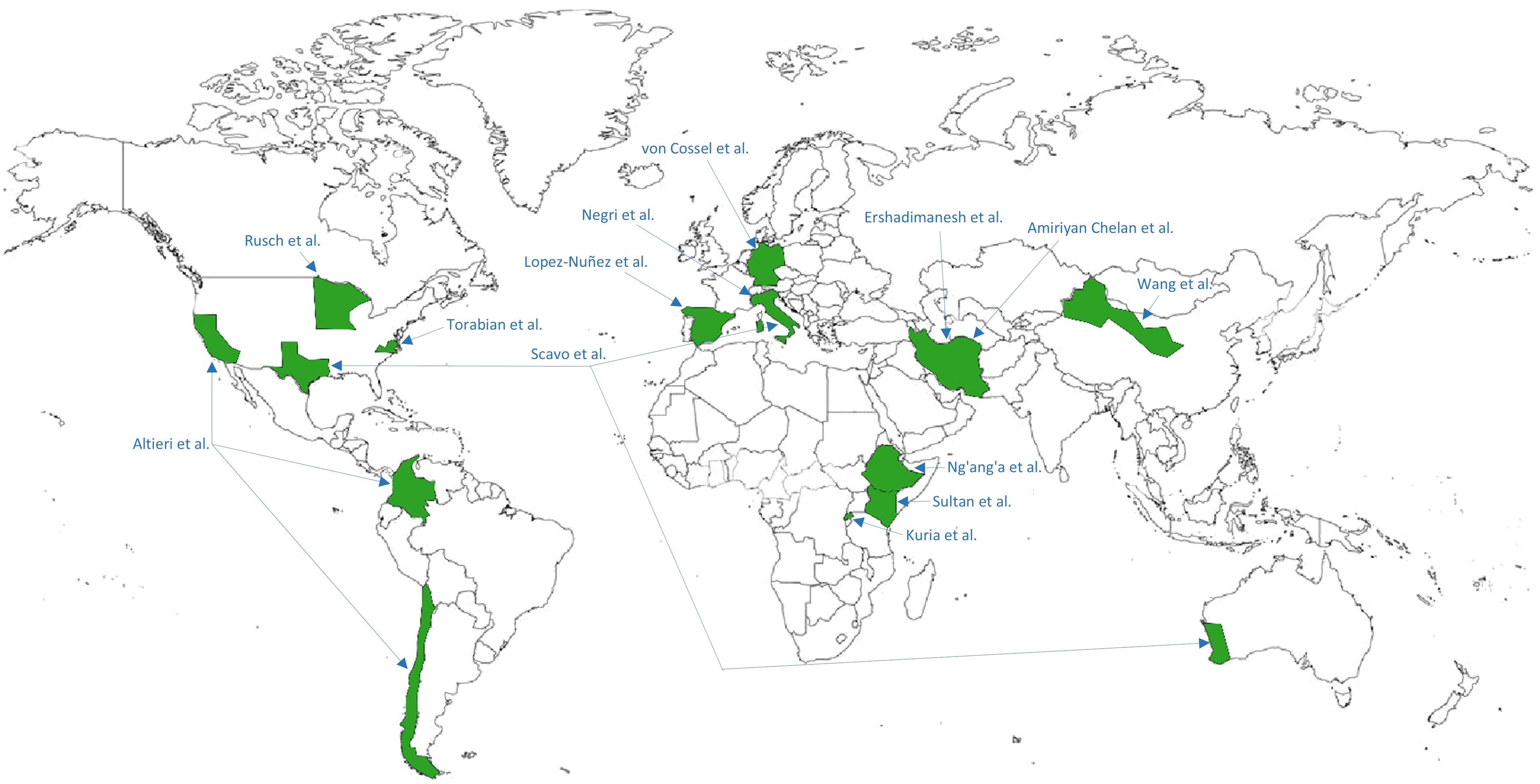 World map highlighting specific regions with green indicating areas of study and blue arrows pointing to names of researchers associated with each region. Regions highlighted include parts of North and South America, Europe, Asia, Africa, and Australia.
