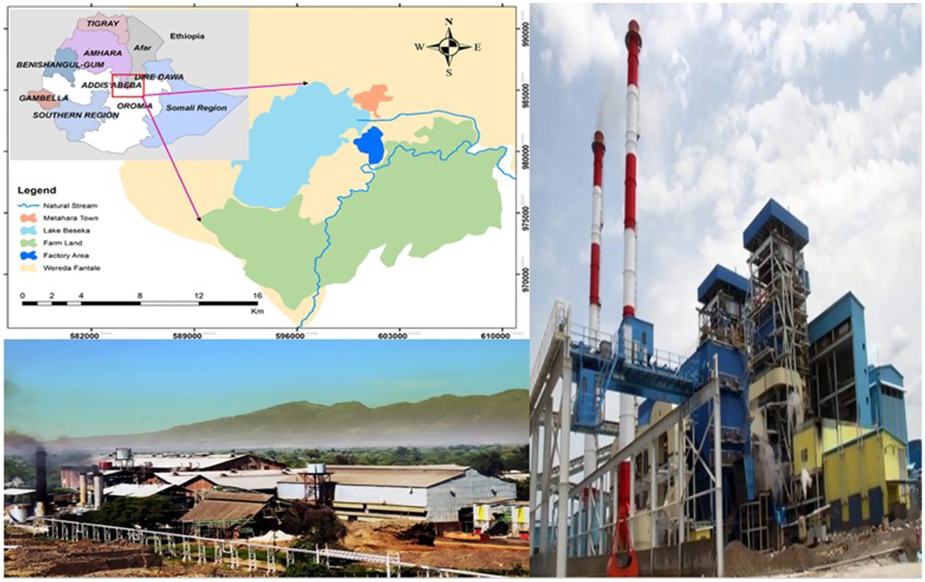 Map highlighting regions in Ethiopia, noting natural streams, towns, lakes, farmland, and factory areas, with focus on Addis Ababa. Adjacent are images of industrial facilities, featuring factories with smokestacks and complex structures, set against mountainous backgrounds.
