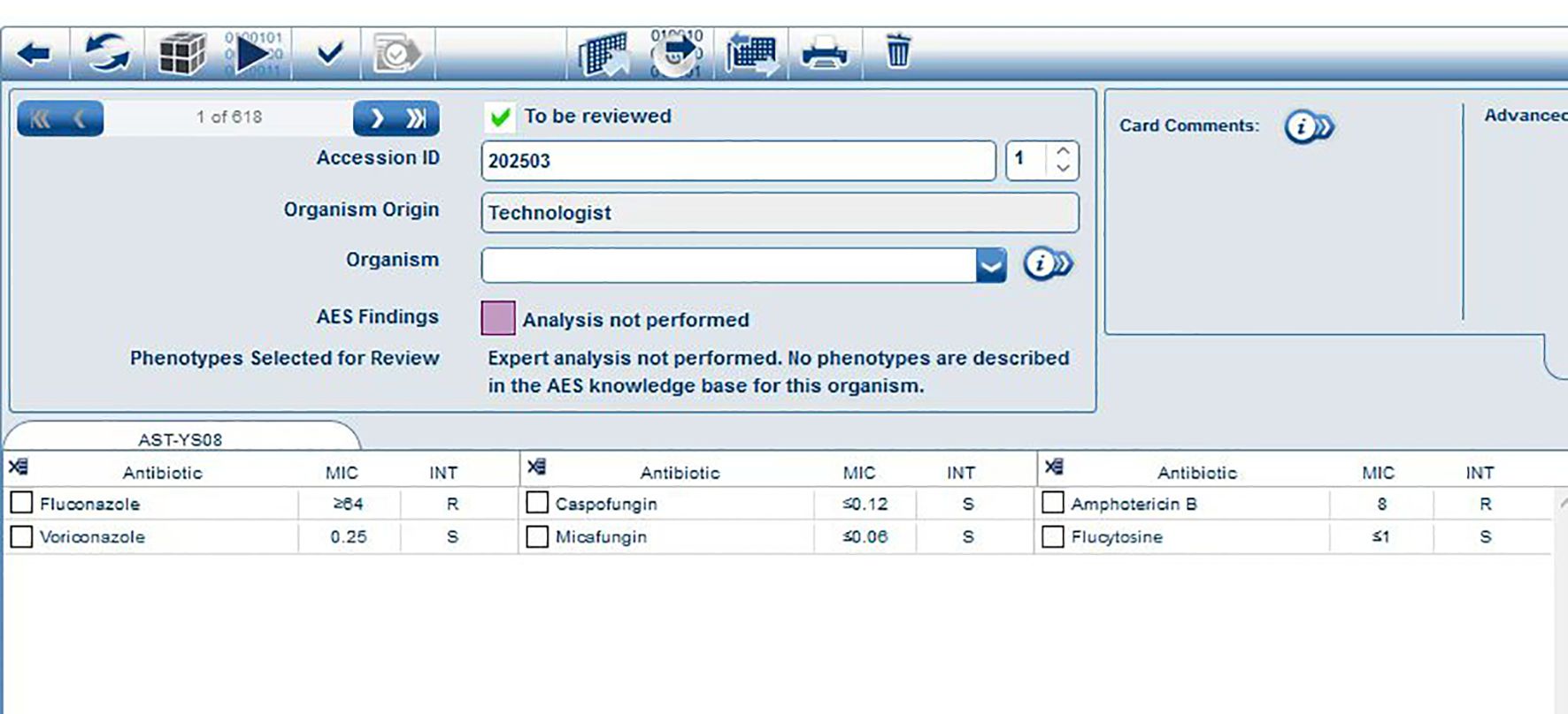Software interface displaying antibiotic susceptibility test results. Includes accession ID 202503, origin by technologist, and note of analysis not performed. Antibiotics listed: Fluconazole, Voriconazole, Caspofungin, Micafungin, Amphotericin B, Flucytosine, with corresponding MIC and INT values.