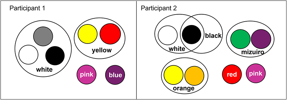 Venn diagrams show color categorizations by two participants. Participant 1 groups circles labeled white, gray, and black together, and yellow and red together. Pink and blue are separate. Participant 2 groups white and black circles with overlap, green and blue labeled mizuiro, and yellow and orange together. Red and pink are separate.