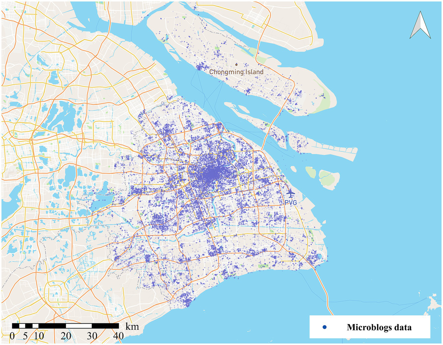 Map of Shanghai and surrounding areas showing concentrations of microblog data with blue dots. The distribution is denser in the city center, particularly near PVG airport, with fewer dots towards the outskirts and Chongming Island. Major roads and water bodies are visible. A scale indicates distances in kilometers.