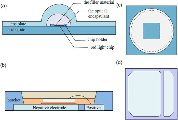 Diagram showing components of a red light chip structure. (a) Cross-section with labeled parts: lens plate, substrate, chip holder, red light chip, optical encapsulant, and filler material. (b) Side view with negative and positive electrodes on a bracket. (c) Top view illustrating square chip within a circular boundary. (d) Separate representation showing rectangular and adjacent shapes within a square.