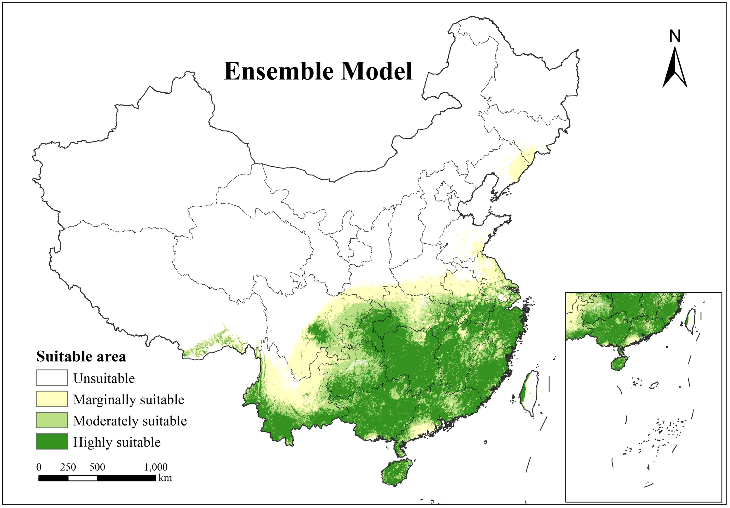 Map of China showing suitable areas using an ensemble model. Areas are color-coded: white for unsuitable, yellow for marginally suitable, light green for moderately suitable, and dark green for highly suitable. The southeastern region shows the most high suitability. Includes a scale and a compass.
