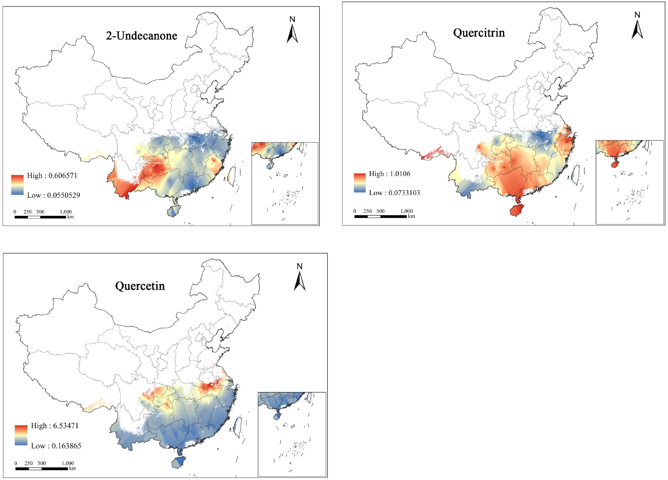 Maps of China displaying the distribution of three compounds: 2-Undecanone, Quercitrin, and Quercetin. Each map uses a color gradient from red (high concentration) to blue (low concentration). The map for 2-Undecanone shows higher concentrations in the southwestern region, while Quercitrin is more concentrated in the southeastern areas. Quercetin shows a significant presence in both southwestern and southeastern regions. Each map includes a scale and inset for additional geographical detail.