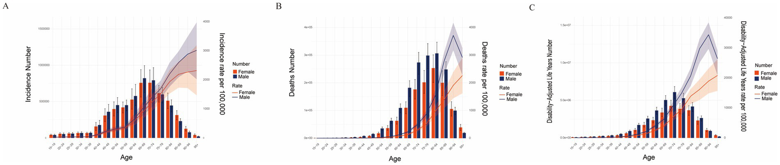 Three bar graphs labeled A, B, and C, display health data by age and gender. Graph A shows incidence numbers and rates per 100,000 for males and females. Graph B presents death numbers and rates, while graph C illustrates disability-adjusted life years and rates. Each graph uses orange for females and blue for males, with lines representing rates and shaded areas indicating variability.