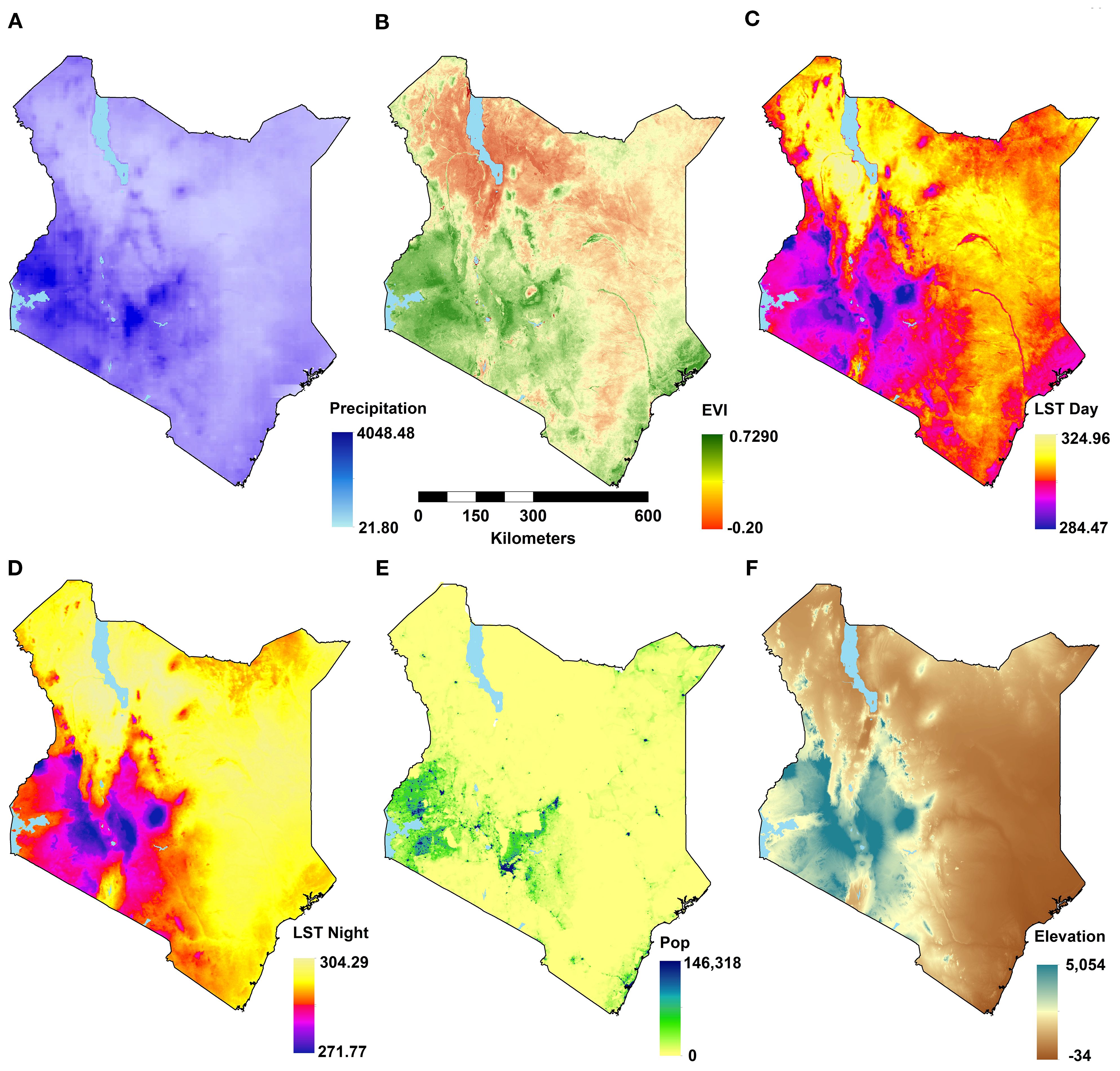 Six-panel maps of Kenya displaying different data overlays. Panel A shows precipitation in shades of blue. Panel B illustrates the Enhanced Vegetation Index (EVI) using a green to red gradient. Panel C depicts daytime land surface temperature in vibrant red, yellow, and purple. Panel D shows nighttime land surface temperature with similar colors. Panel E represents population density in green to yellow hues. Panel F presents elevation in shades of brown and blue. Each map includes a respective color legend.