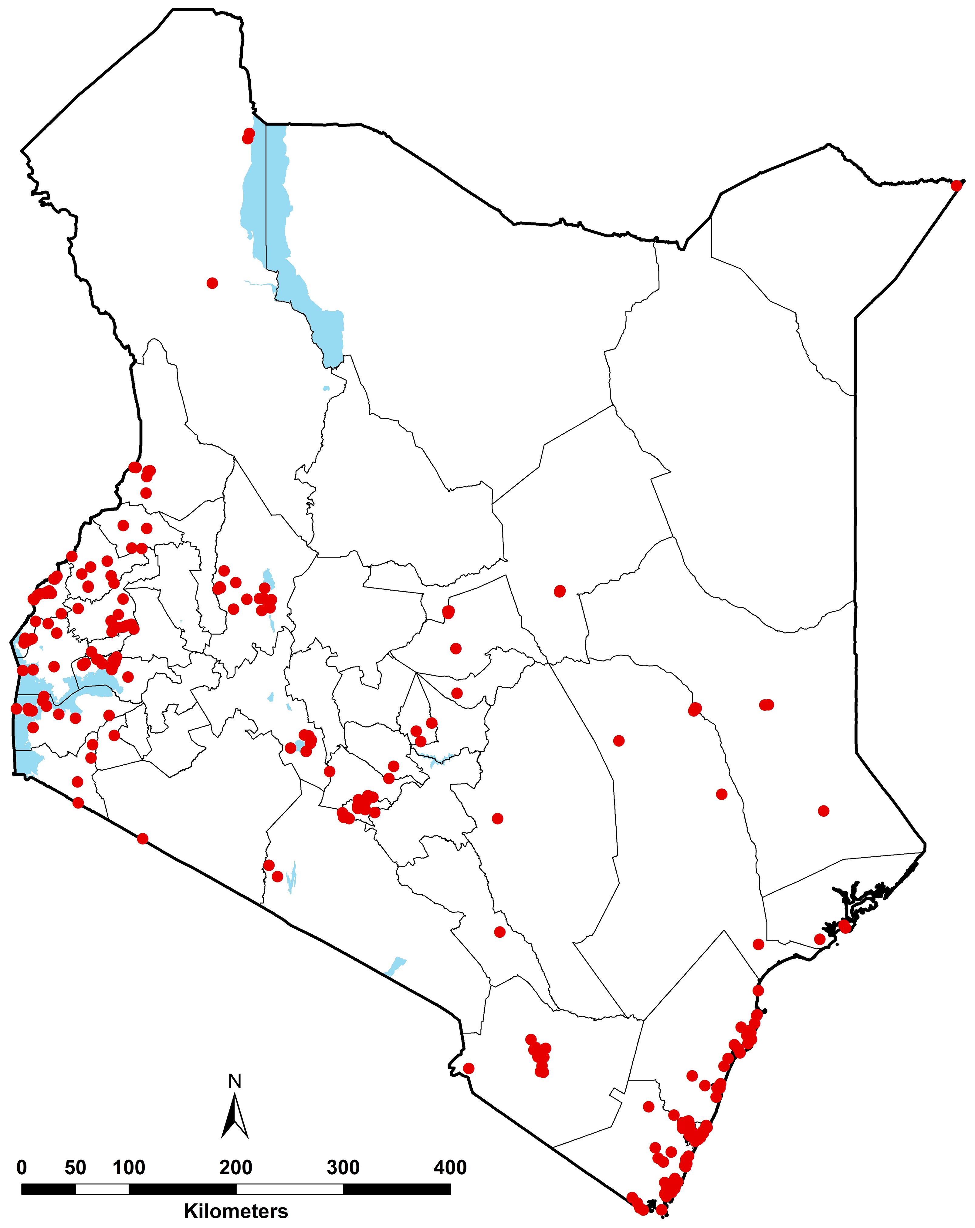 Map of Kenya showing administrative boundaries with red dots representing specific locations across the country. Blue areas indicate bodies of water. A scale in kilometers is shown at the bottom.